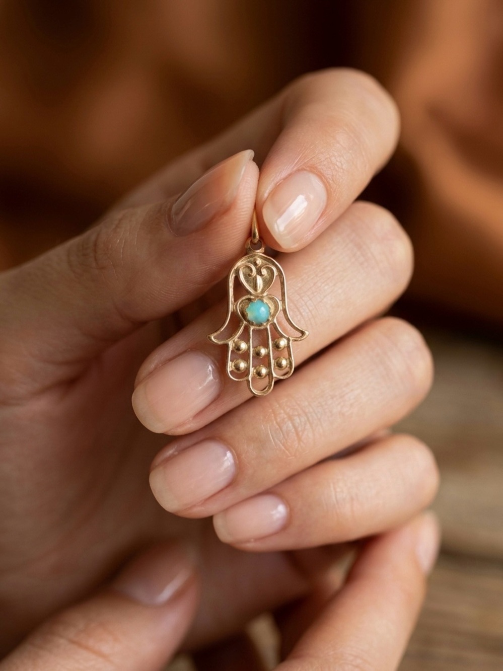 14K Solid Gold Hamsa Hand Pendant with Cats Eye Chalcedony Accent